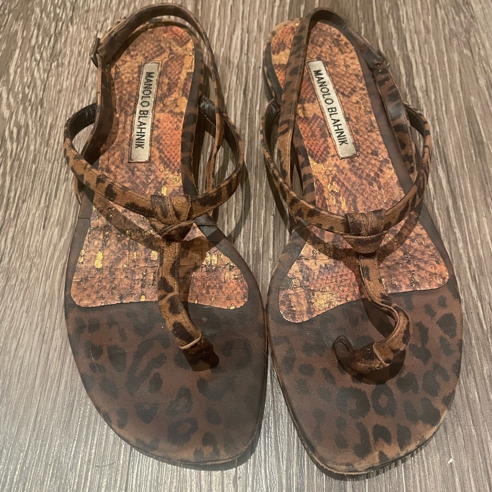 Manolo Blahnik leopard thong sandals